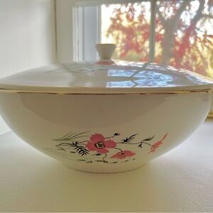 Vintage Sarreguemines Serving Bowl With Lid Red Poppy Floral